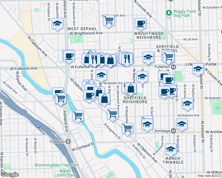 map of restaurants, bars, coffee shops, grocery stores, and more near 1328 West Belden Avenue in Chicago