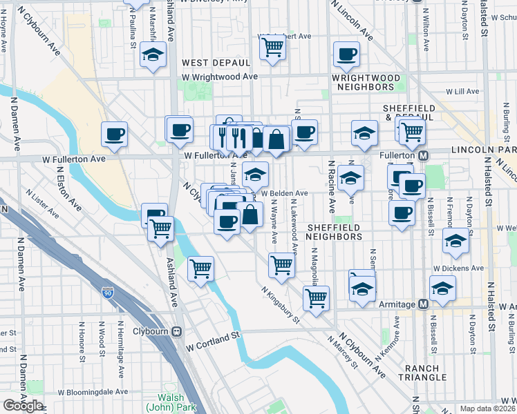 map of restaurants, bars, coffee shops, grocery stores, and more near 2311 North Southport Avenue in Chicago