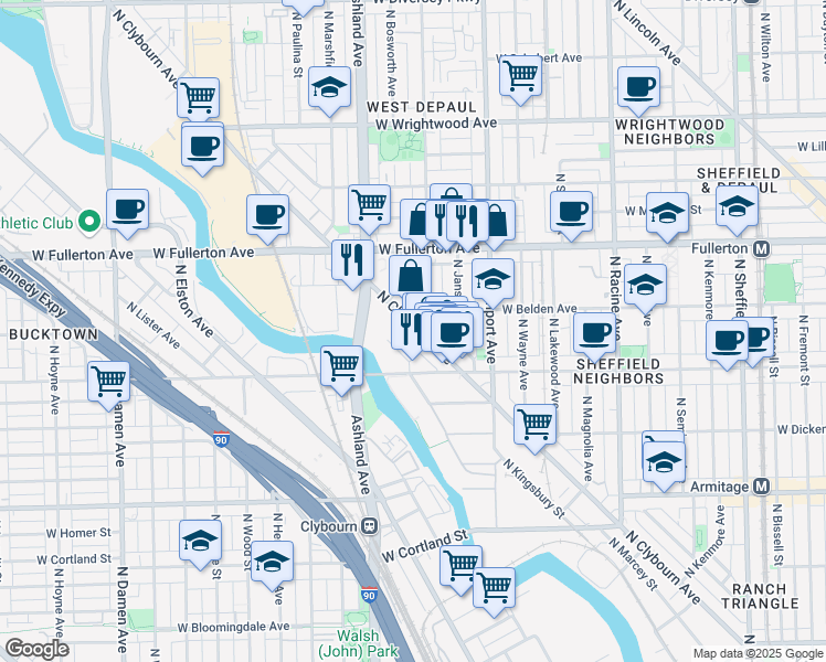 map of restaurants, bars, coffee shops, grocery stores, and more near 2300 North Greenview Avenue in Chicago