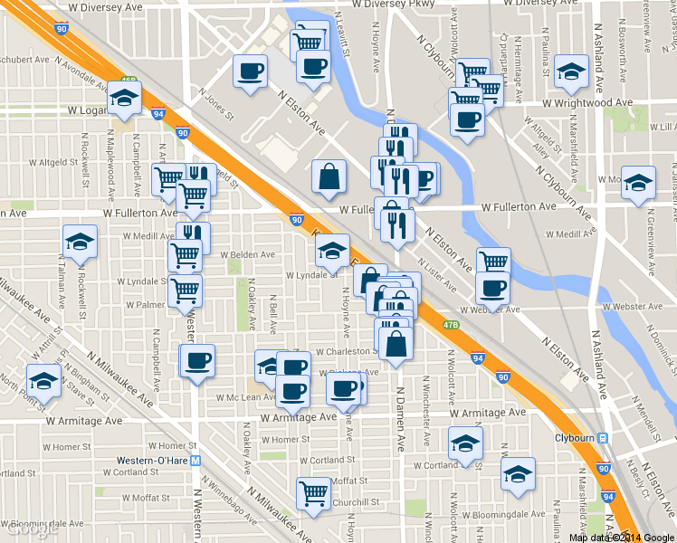 map of restaurants, bars, coffee shops, grocery stores, and more near 6 North Avondale Avenue in Chicago