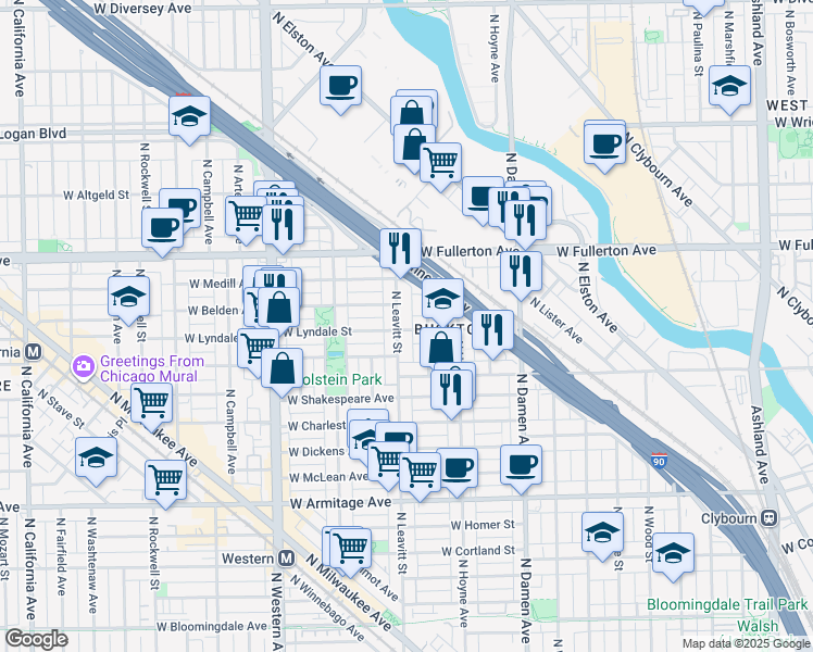 map of restaurants, bars, coffee shops, grocery stores, and more near 2327 North Leavitt Street in Chicago