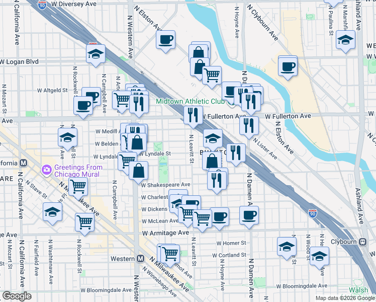 map of restaurants, bars, coffee shops, grocery stores, and more near 2327 North Leavitt Street in Chicago