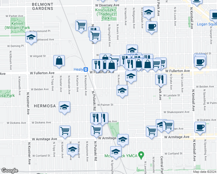 map of restaurants, bars, coffee shops, grocery stores, and more near 2324 North Springfield Avenue in Chicago
