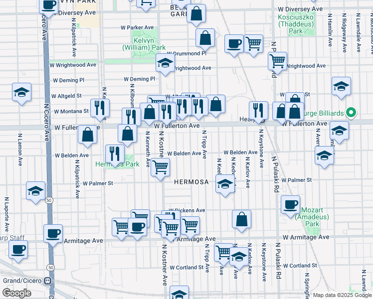 map of restaurants, bars, coffee shops, grocery stores, and more near 2331 North Lowell Avenue in Chicago