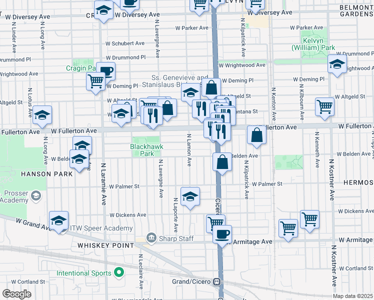 map of restaurants, bars, coffee shops, grocery stores, and more near 2337 North Lamon Avenue in Chicago