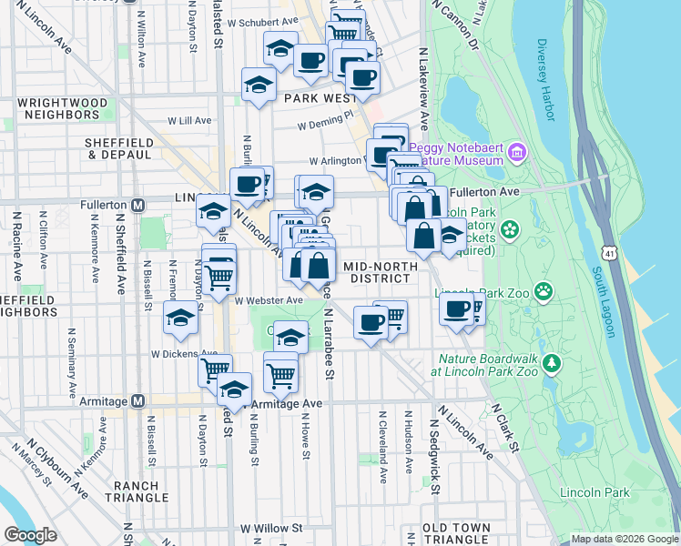 map of restaurants, bars, coffee shops, grocery stores, and more near 579 West Grant Place in Chicago
