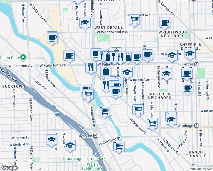map of restaurants, bars, coffee shops, grocery stores, and more near 2270 North Clybourn Avenue in Chicago