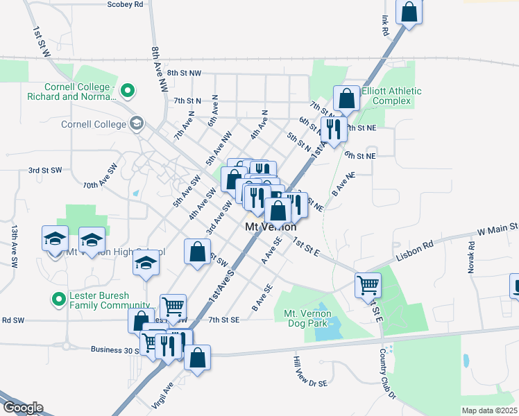 map of restaurants, bars, coffee shops, grocery stores, and more near 117 1st Street West in Mount Vernon