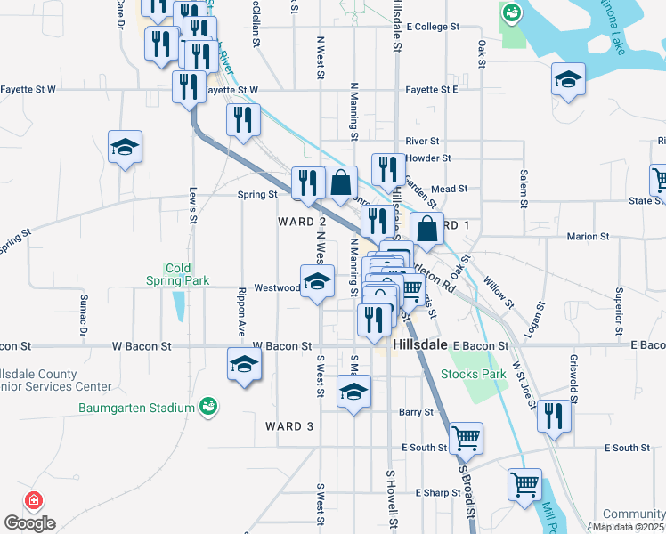 map of restaurants, bars, coffee shops, grocery stores, and more near 7 Hi-Rise Alley in Hillsdale