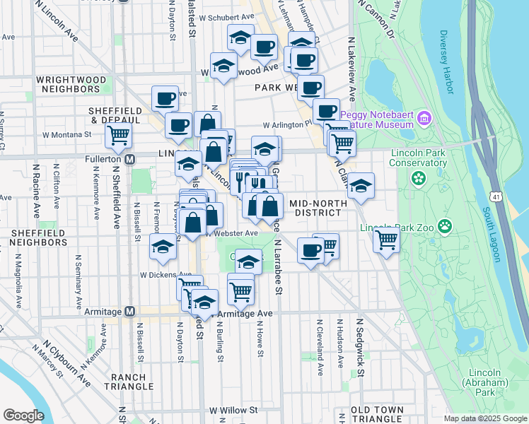 map of restaurants, bars, coffee shops, grocery stores, and more near 2231 North Lincoln Avenue in Chicago