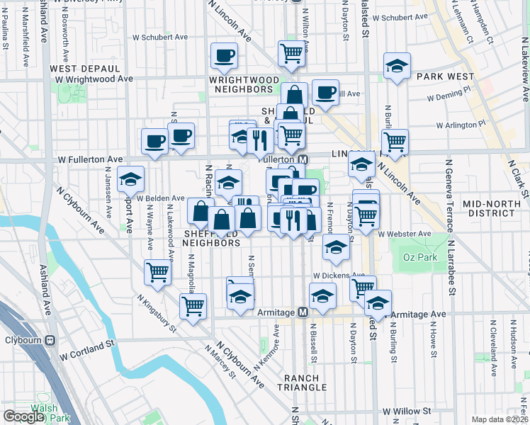 map of restaurants, bars, coffee shops, grocery stores, and more near 1047 West Belden Avenue in Chicago