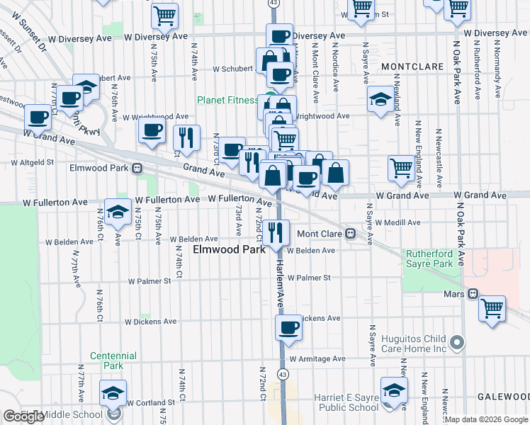 map of restaurants, bars, coffee shops, grocery stores, and more near in Elmwood Park