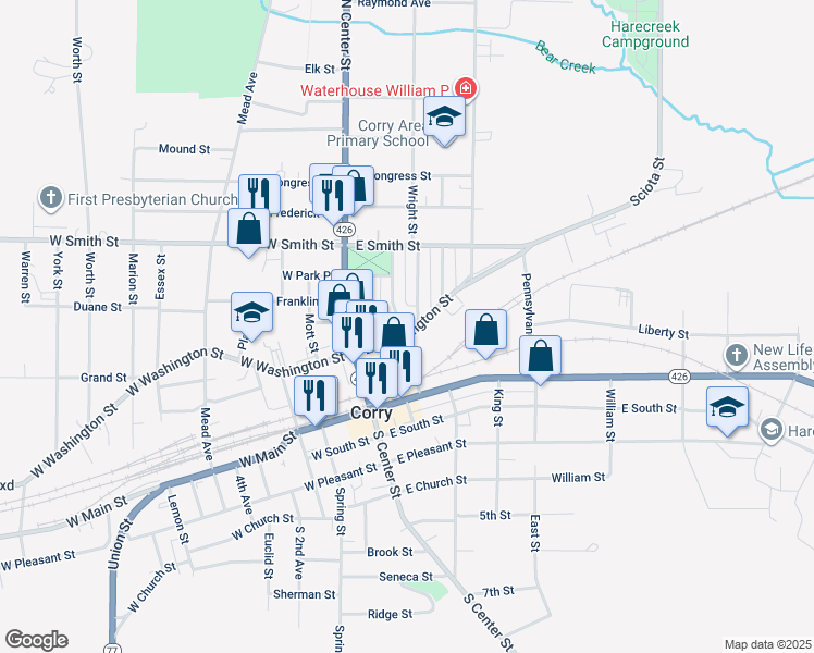 map of restaurants, bars, coffee shops, grocery stores, and more near 205 East Washington Street in Corry