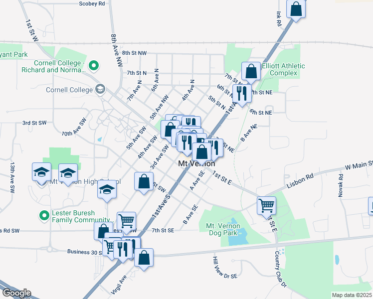 map of restaurants, bars, coffee shops, grocery stores, and more near 117 1st Street West in Mount Vernon
