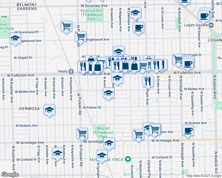 map of restaurants, bars, coffee shops, grocery stores, and more near 2323 North Hamlin Avenue in Chicago