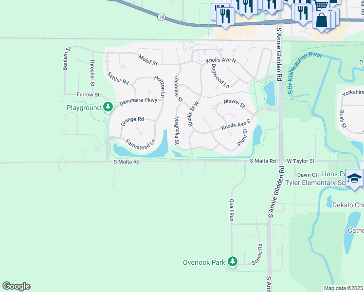 map of restaurants, bars, coffee shops, grocery stores, and more near 716 Magnolia Street in DeKalb