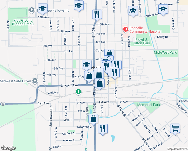 map of restaurants, bars, coffee shops, grocery stores, and more near 1240 North 7th Street in Rochelle