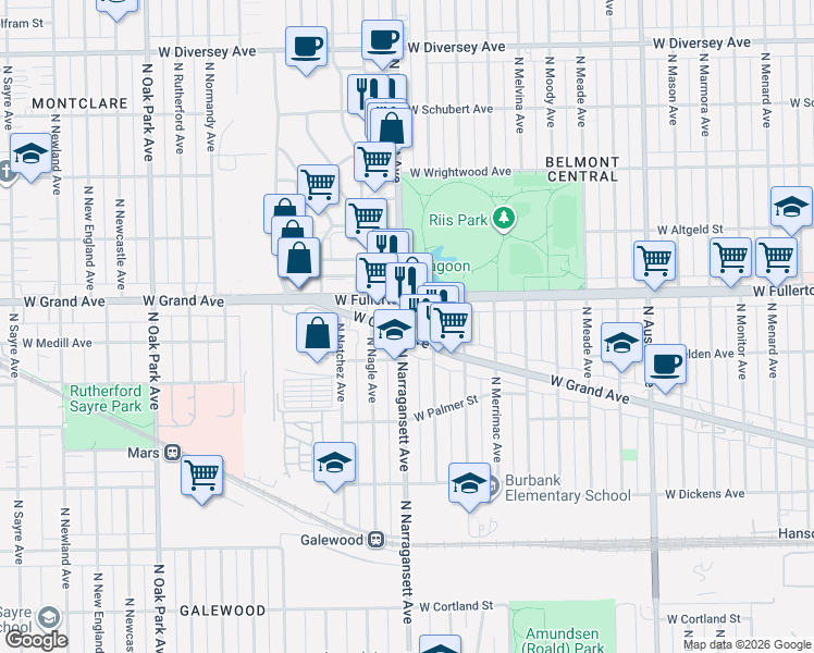 map of restaurants, bars, coffee shops, grocery stores, and more near 633 West Fullerton Avenue in Chicago