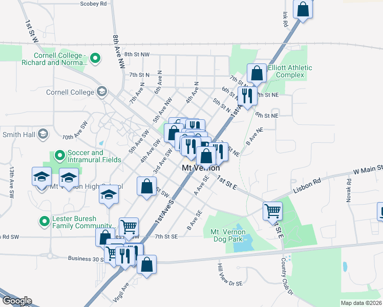 map of restaurants, bars, coffee shops, grocery stores, and more near 117 1st Street West in Mount Vernon