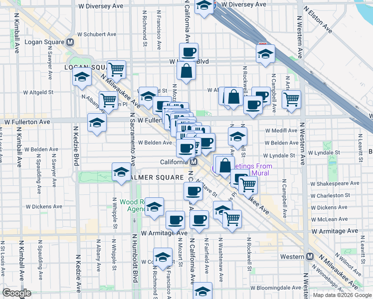 map of restaurants, bars, coffee shops, grocery stores, and more near 2318 North California Avenue in Chicago