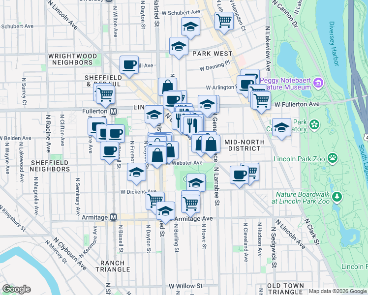 map of restaurants, bars, coffee shops, grocery stores, and more near 2230 North Orchard Street in Chicago