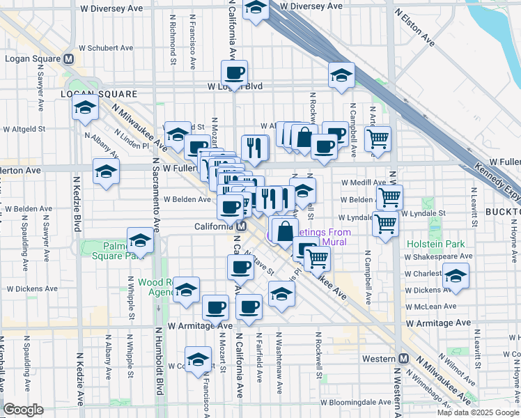 map of restaurants, bars, coffee shops, grocery stores, and more near 2707 West Medill Avenue in Chicago