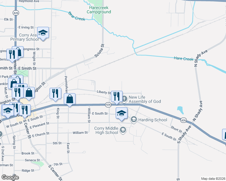 map of restaurants, bars, coffee shops, grocery stores, and more near 16 Summer St in Corry