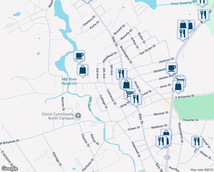 map of restaurants, bars, coffee shops, grocery stores, and more near 277 Whittenton Street in Taunton