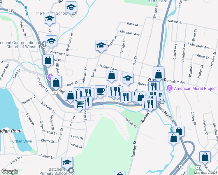 map of restaurants, bars, coffee shops, grocery stores, and more near 20 Gay Street in Winsted
