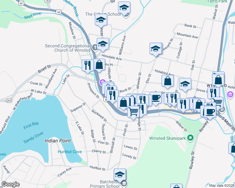 map of restaurants, bars, coffee shops, grocery stores, and more near 87 Hillside Avenue in Winsted