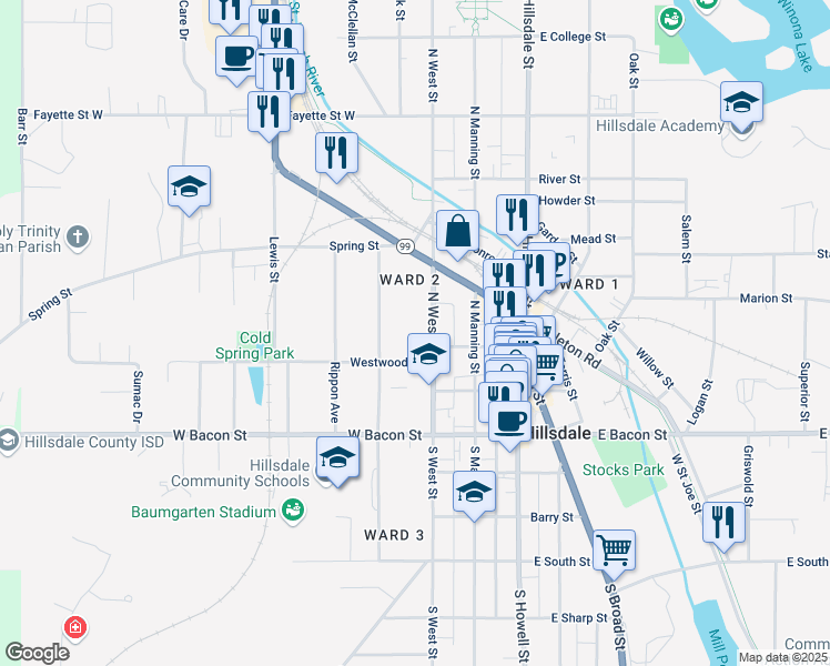 map of restaurants, bars, coffee shops, grocery stores, and more near 82 North West Street in Hillsdale