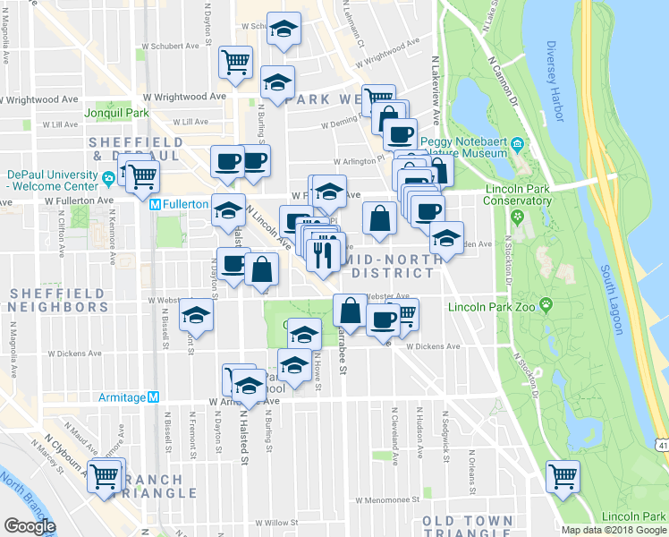 map of restaurants, bars, coffee shops, grocery stores, and more near 551 West Belden Avenue in Chicago