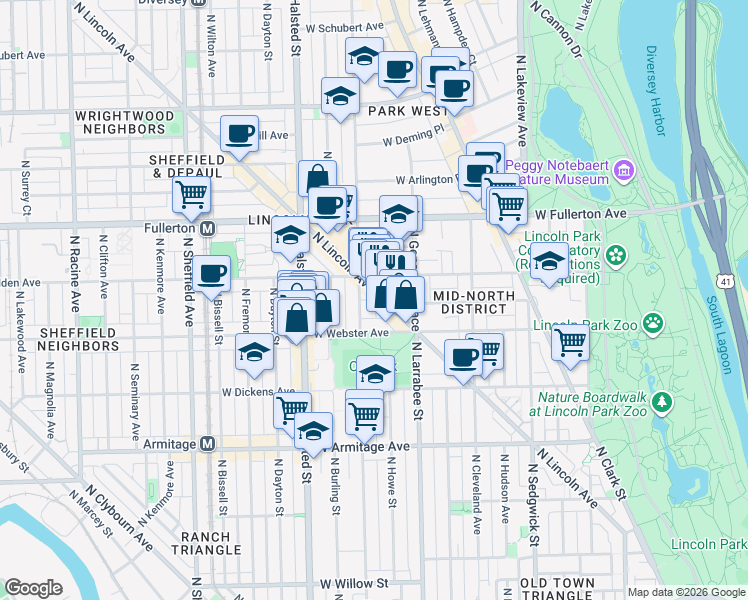 map of restaurants, bars, coffee shops, grocery stores, and more near 629 West Belden Avenue in Chicago