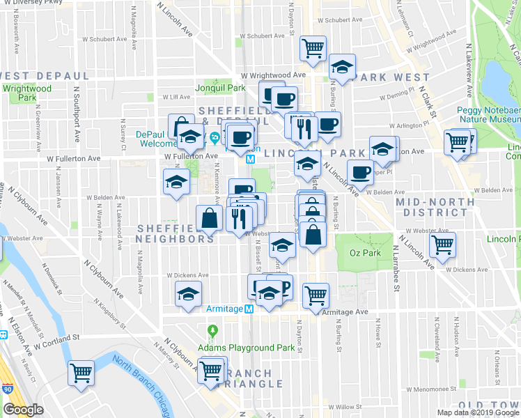 map of restaurants, bars, coffee shops, grocery stores, and more near 2254 North Bissell Street in Chicago
