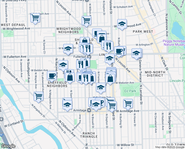 map of restaurants, bars, coffee shops, grocery stores, and more near 2254 North Bissell Street in Chicago
