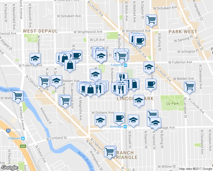 map of restaurants, bars, coffee shops, grocery stores, and more near 1047 West Belden Avenue in Chicago
