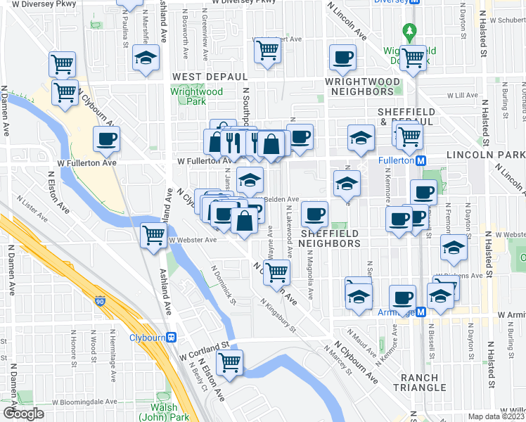 map of restaurants, bars, coffee shops, grocery stores, and more near 2311 North Southport Avenue in Chicago