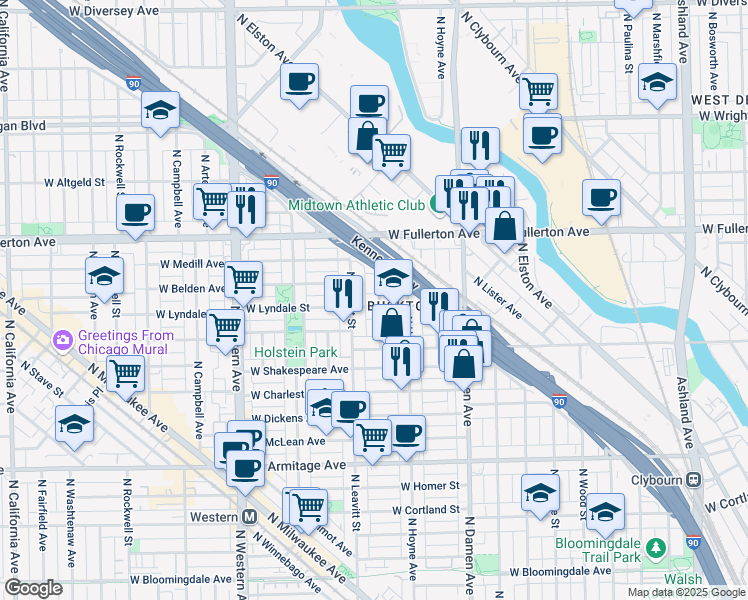 map of restaurants, bars, coffee shops, grocery stores, and more near 6 North Avondale Avenue in Chicago