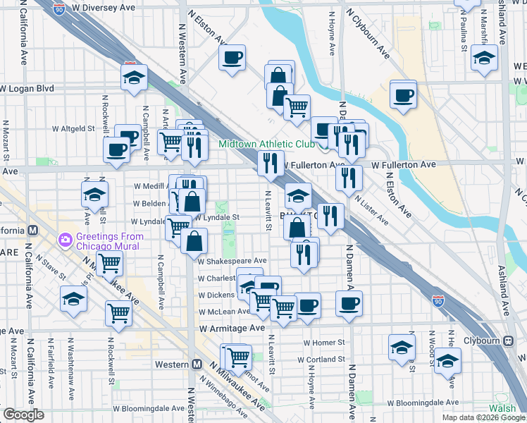 map of restaurants, bars, coffee shops, grocery stores, and more near 2327 North Leavitt Street in Chicago