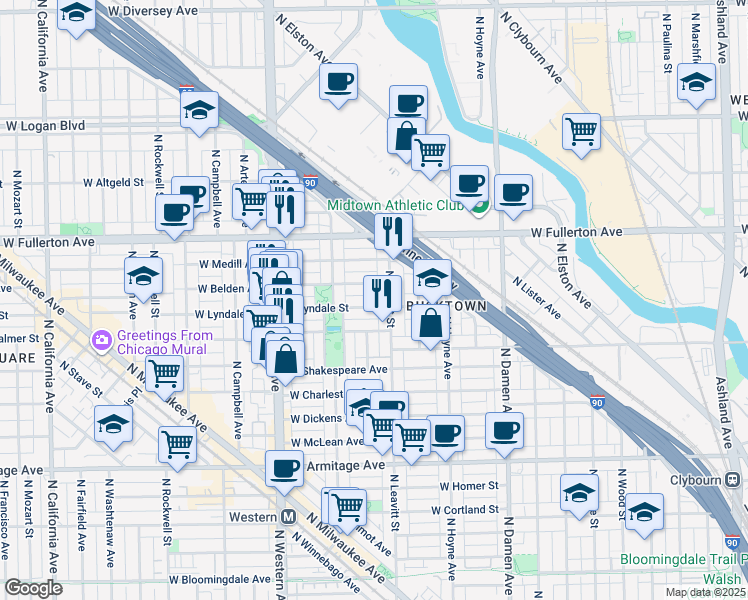 map of restaurants, bars, coffee shops, grocery stores, and more near 2232 West Belden Avenue in Chicago