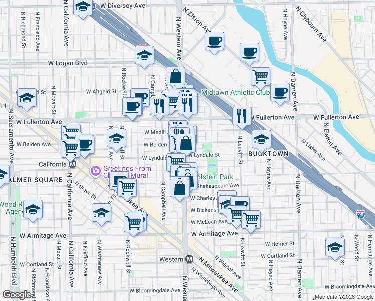 map of restaurants, bars, coffee shops, grocery stores, and more near 2346 West Belden Avenue in Chicago