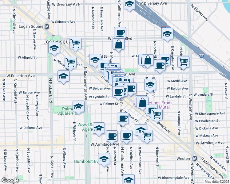 map of restaurants, bars, coffee shops, grocery stores, and more near 2318 North California Avenue in Chicago