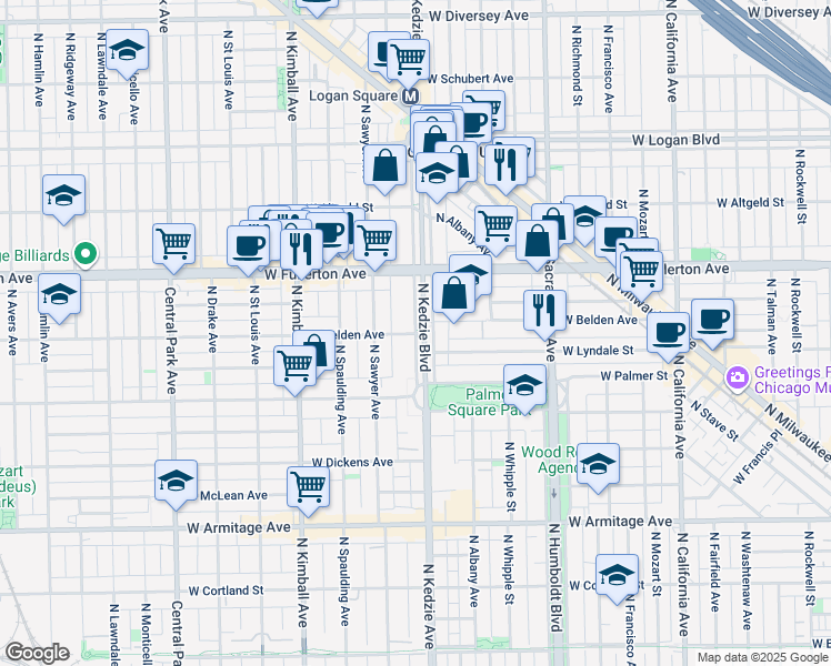 map of restaurants, bars, coffee shops, grocery stores, and more near 2320 North Kedzie Boulevard in Chicago