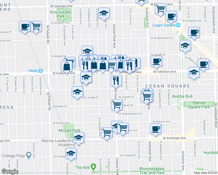 map of restaurants, bars, coffee shops, grocery stores, and more near 2324 North Monticello Avenue in Chicago