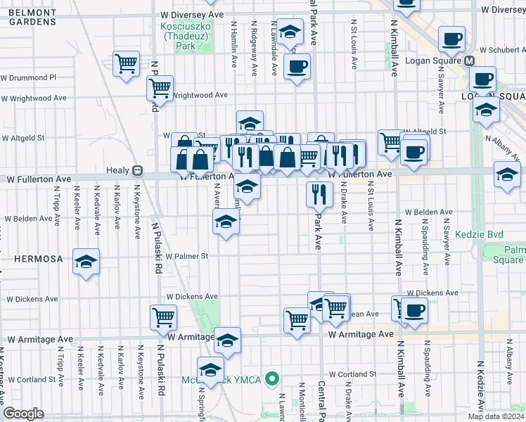 map of restaurants, bars, coffee shops, grocery stores, and more near 2327 North Ridgeway Avenue in Chicago