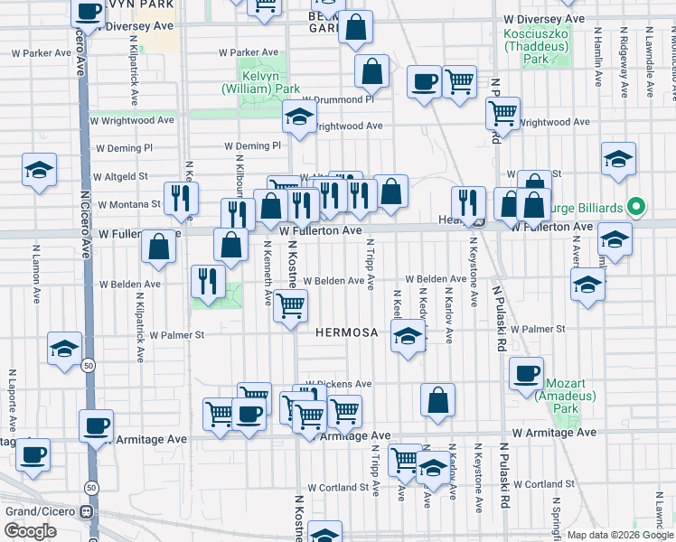 map of restaurants, bars, coffee shops, grocery stores, and more near 2331 North Lowell Avenue in Chicago