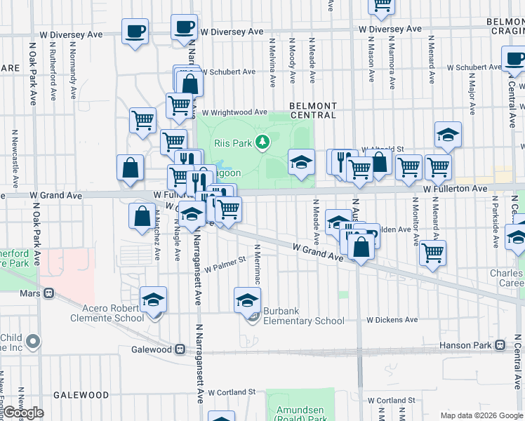 map of restaurants, bars, coffee shops, grocery stores, and more near 6223 West Fullerton Avenue in Chicago