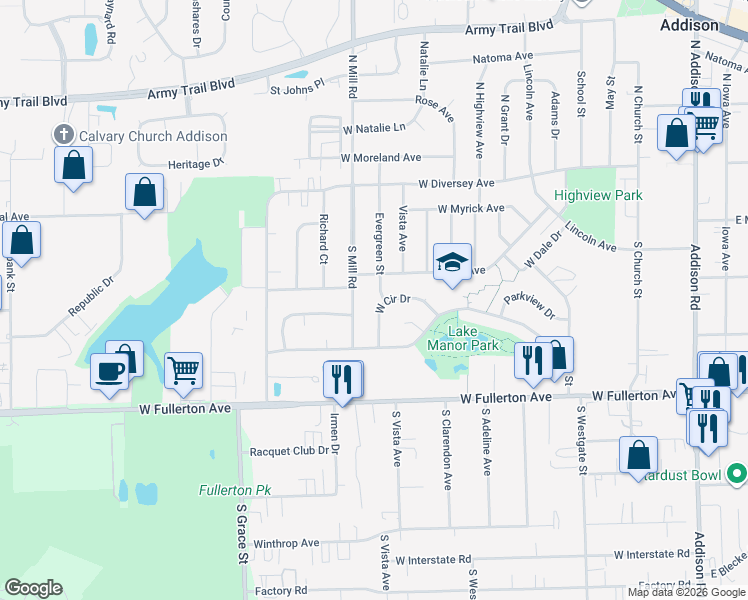 map of restaurants, bars, coffee shops, grocery stores, and more near 191 Evergreen Avenue in Addison