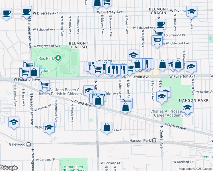 map of restaurants, bars, coffee shops, grocery stores, and more near 5915 West Fullerton Avenue in Chicago