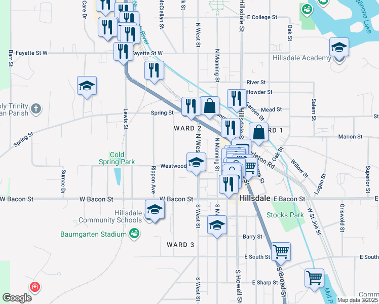 map of restaurants, bars, coffee shops, grocery stores, and more near 82 North West Street in Hillsdale